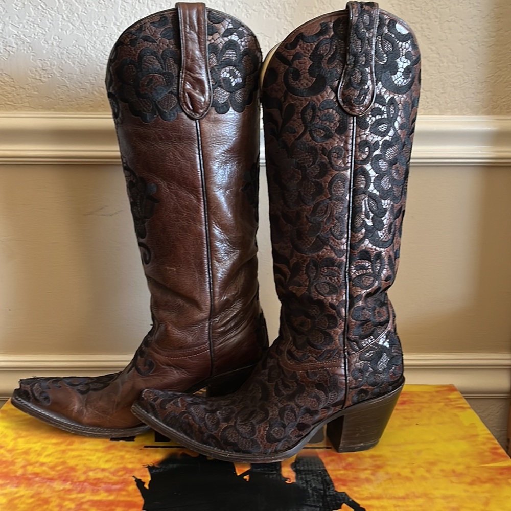 Corral LD Choc Black Tall Floral Lace Embroidery Boots - Picture 2 of 16